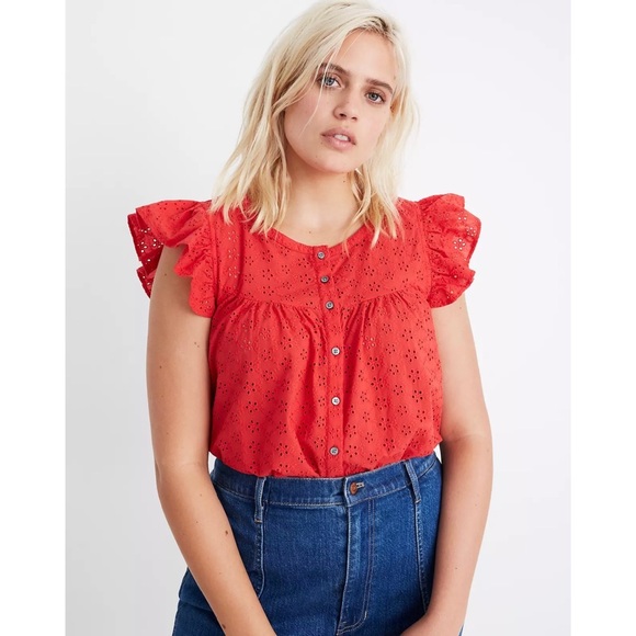 Madewell Tops - Madewell Ruffle Sleeve Eyelet Bib Top in Heirloom Rose